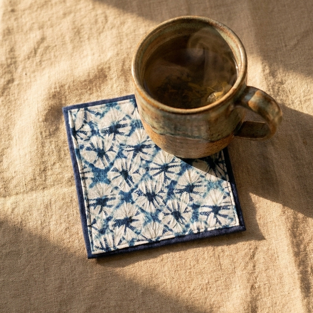 Blue White Shibori Tie-Dye Floral Cotton Fabric Table Coaster Mat