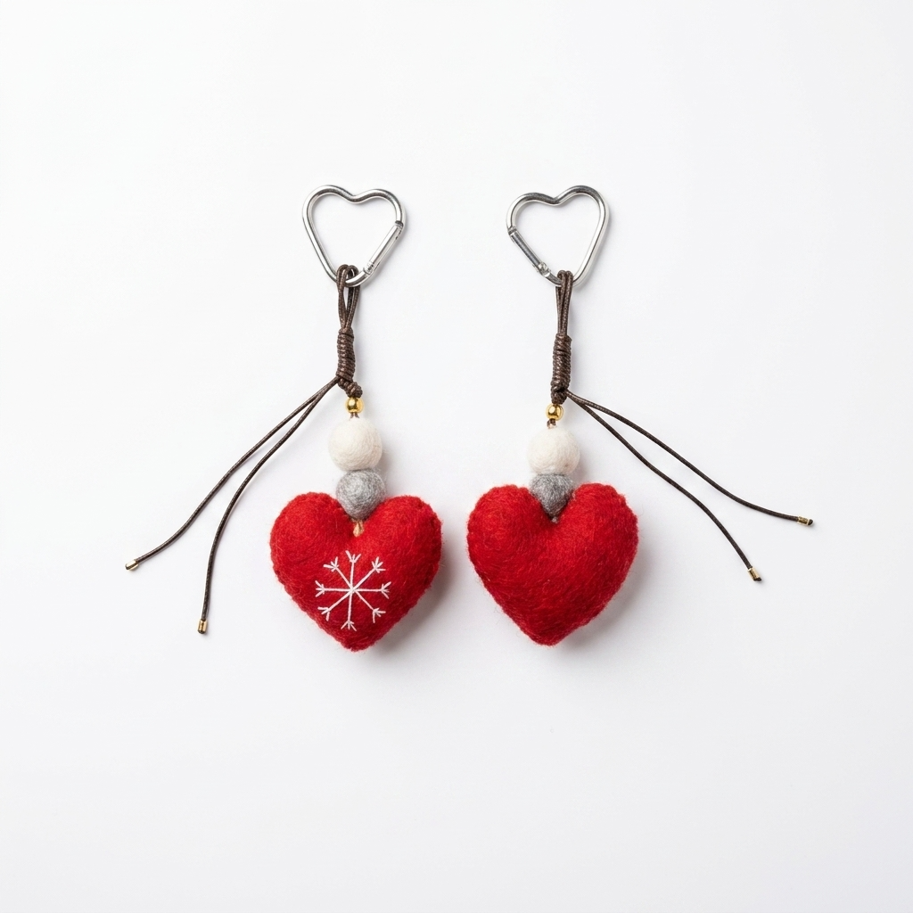 2pc, Red Heart Snow Flake Stitch Wool Felt Bag Charm Key Chain