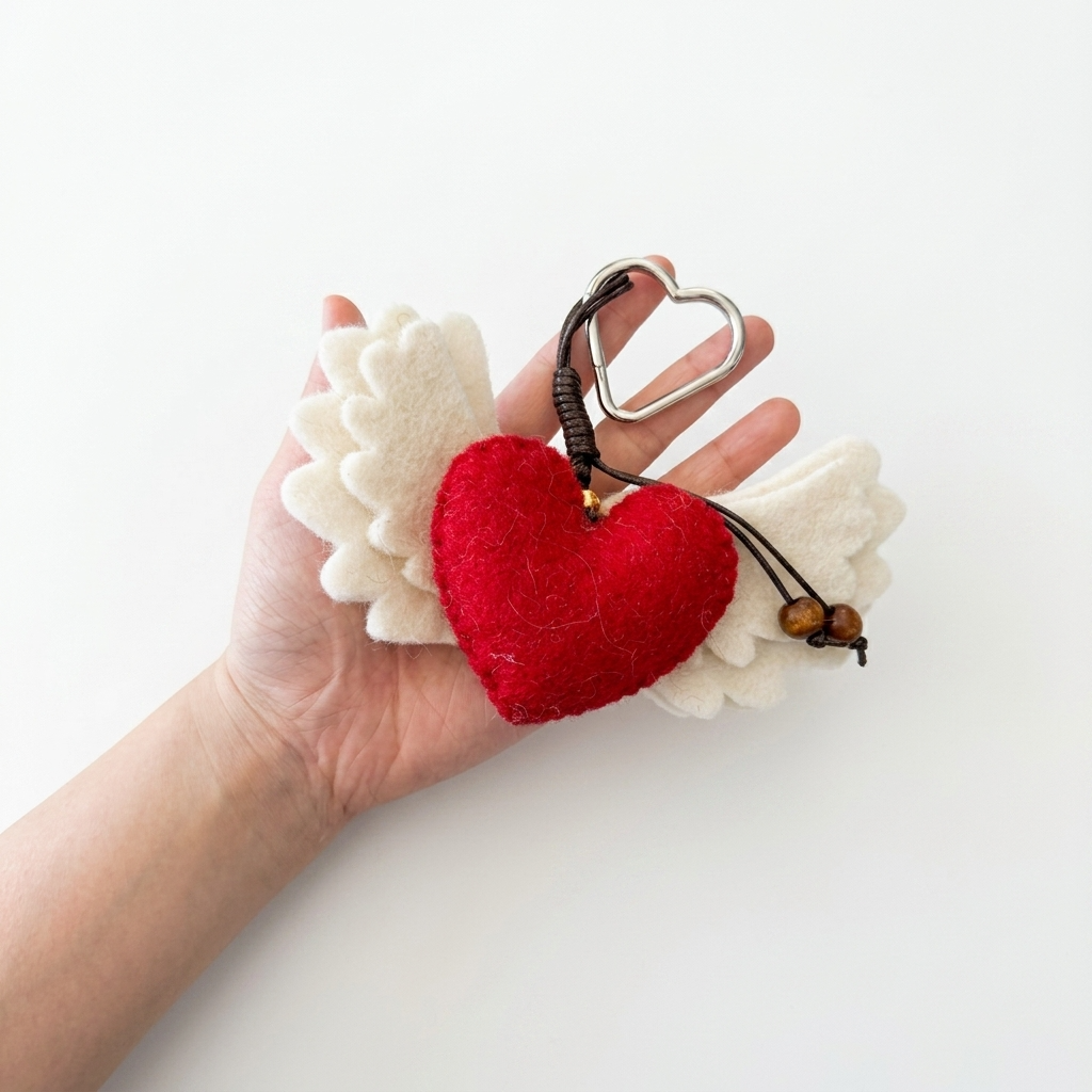 Red Heart with White Wings Wool Felt Bag Charm Key Chain