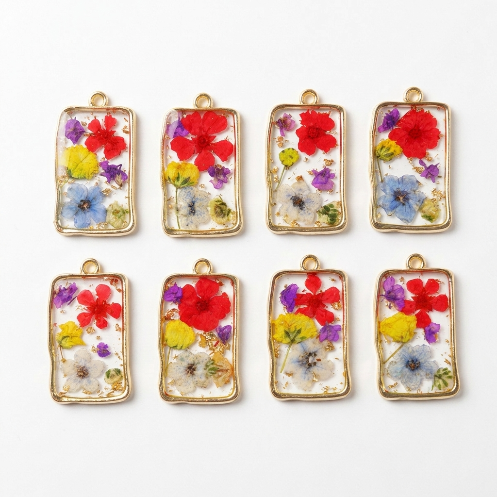 Rectangle Gold Rim Real Dried Flower Resin Jewelry Pendant Charm Component