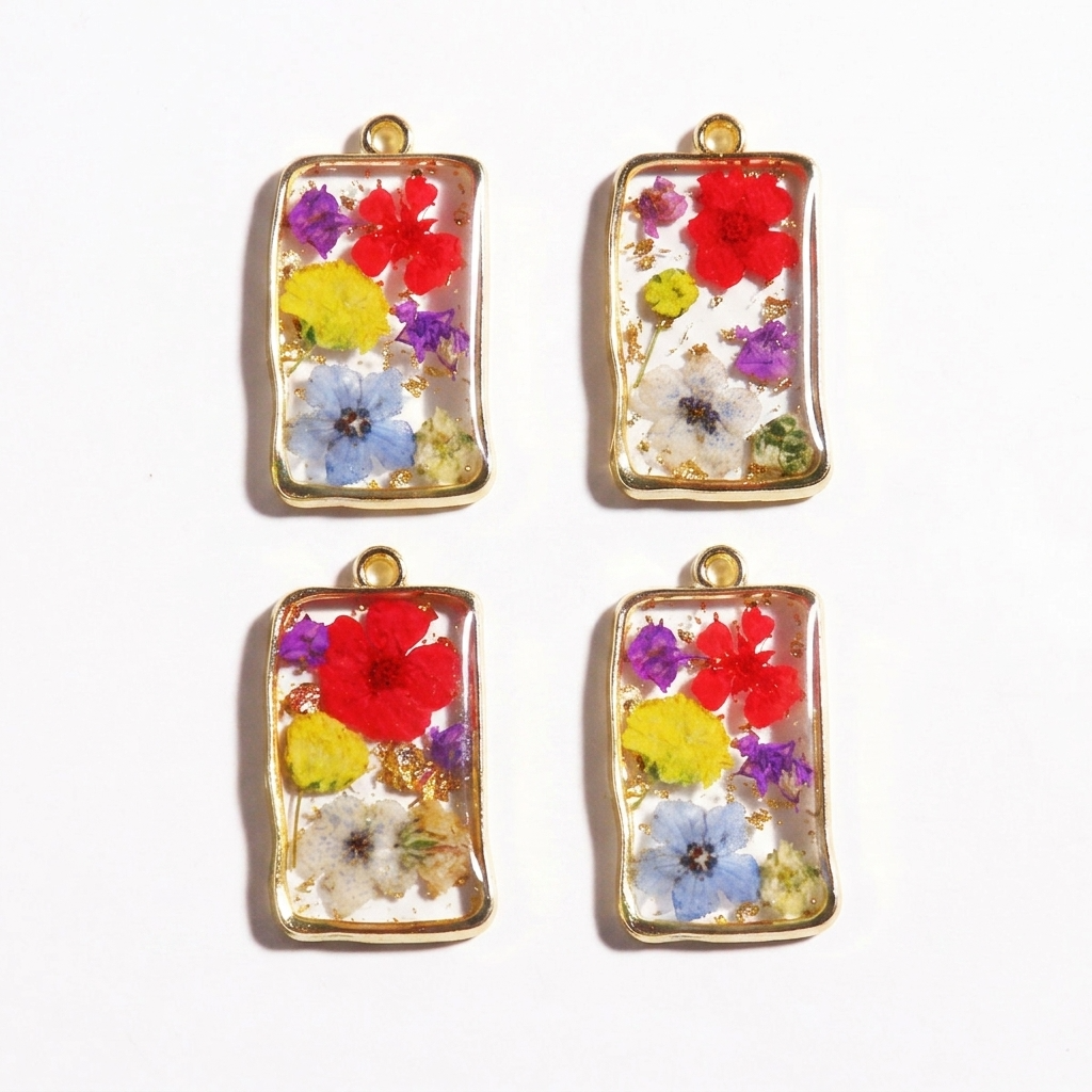 5pc, Rectangle Gold Rim Real Dried Flower Resin Jewelry Pendant Charm