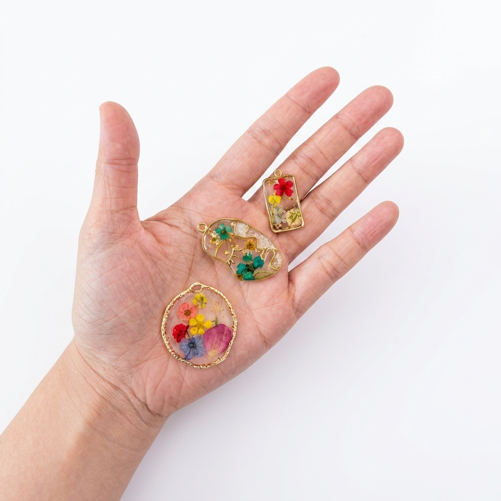 Abstract Face Gold Rim Real Dried Flower Resin Jewelry Pendant Charm Component