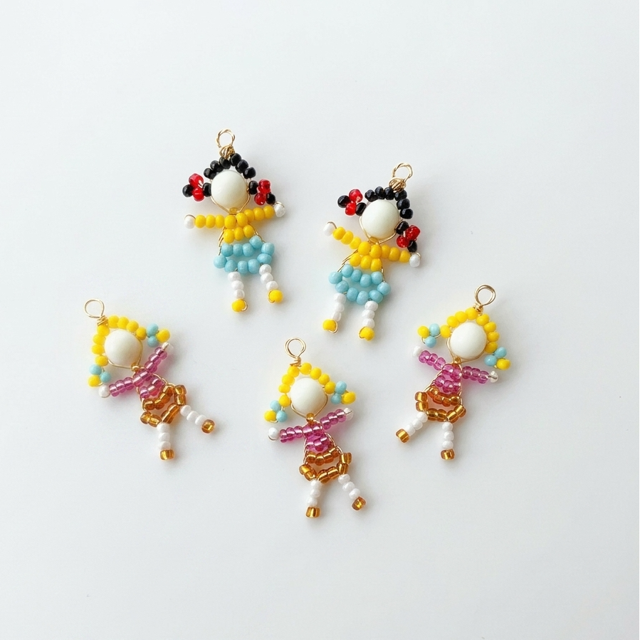 5pc, Handmade Miniature Sweetheart Girl Doll Beaded Charm Ornament