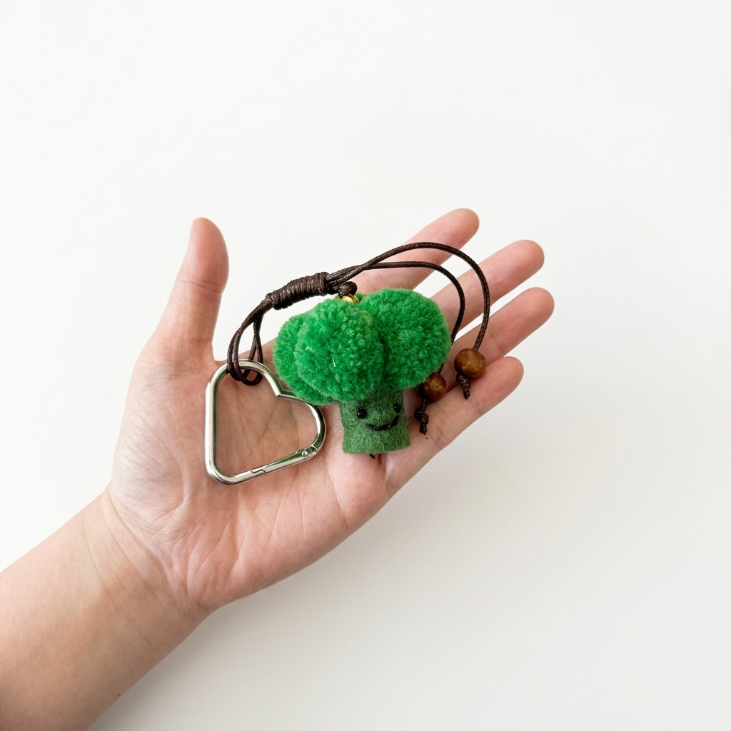 Green Broccoli Veggie Wool Felt Bag Charm Key Chain