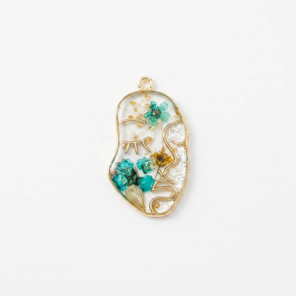 5pc, Abstract Face Gold Rim Real Dried Flower Resin Jewelry Pendant Charm