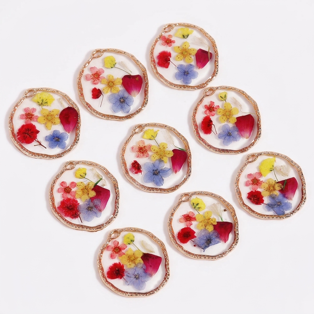 5pc, Circle Round Gold Rim Real Dried Flower Resin Jewelry Pendant Charm