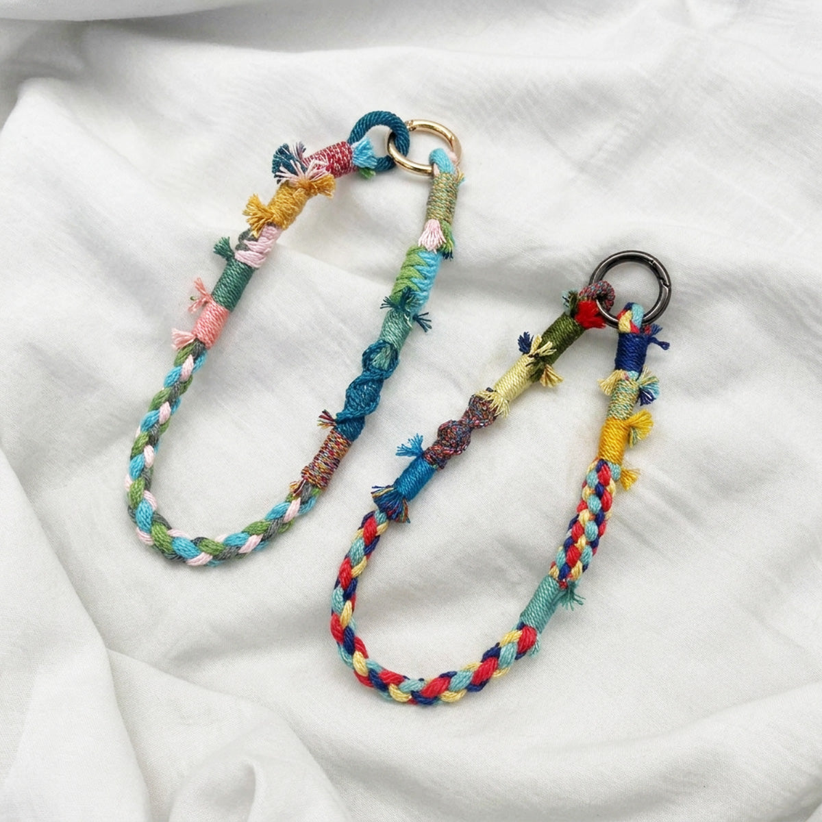 2pc, 2 colors Handmade Colorful Braided Woven Cotton Fabric Phone Chain Strap