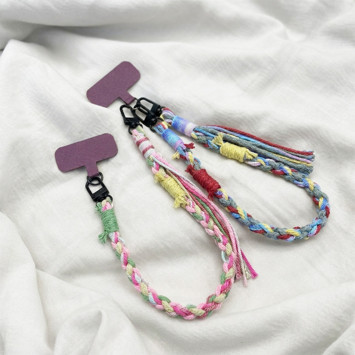 2pc, 2 colors Handmade Colorful Tassel Braided Woven Cotton Fabric Phone Chain Strap