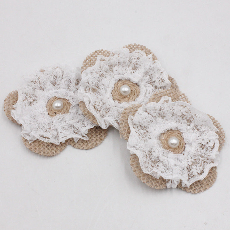 5pc, Handmade Rustic Burlap Lace Flower Embellishment with Pearl Cente