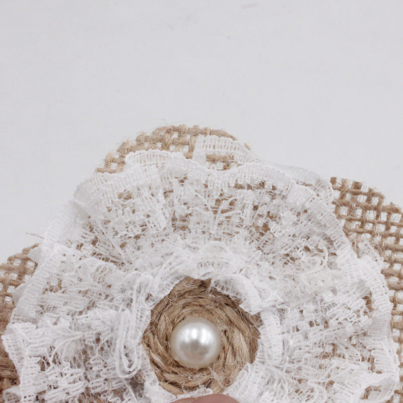 5pc, Handmade Rustic Burlap Lace Flower Embellishment with Pearl Cente