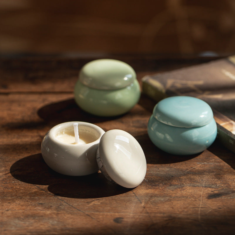 5pc, 3 Colors Micro Glossy Ceramic Round Candle Vessel with Lid