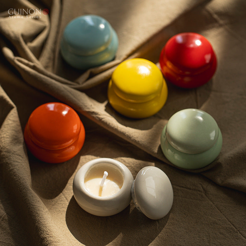 5pc, 3 Colors Micro Glossy Ceramic Round Candle Vessel with Lid