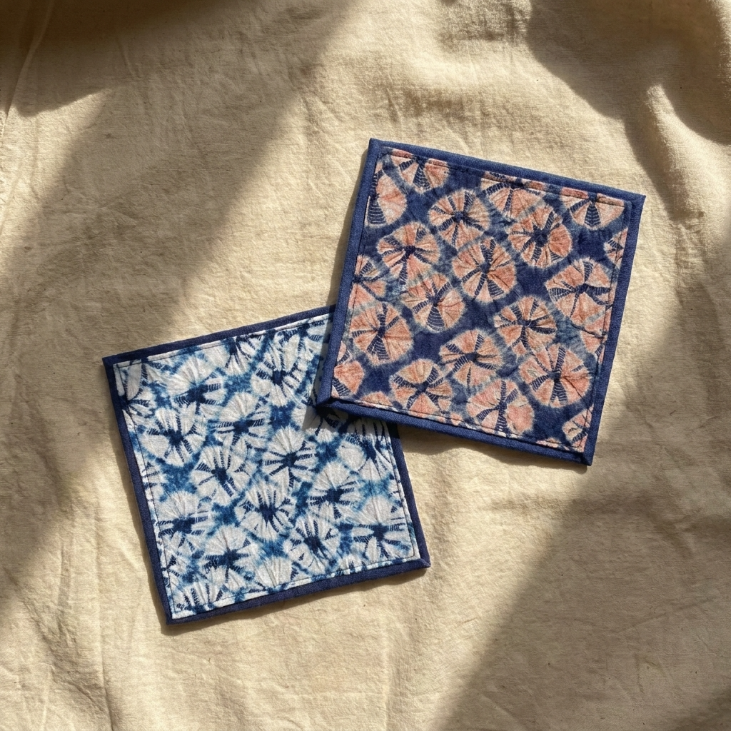 2pc, Red Blue Shibori Tie-Dye Floral Cotton Fabric Table Coaster Mat
