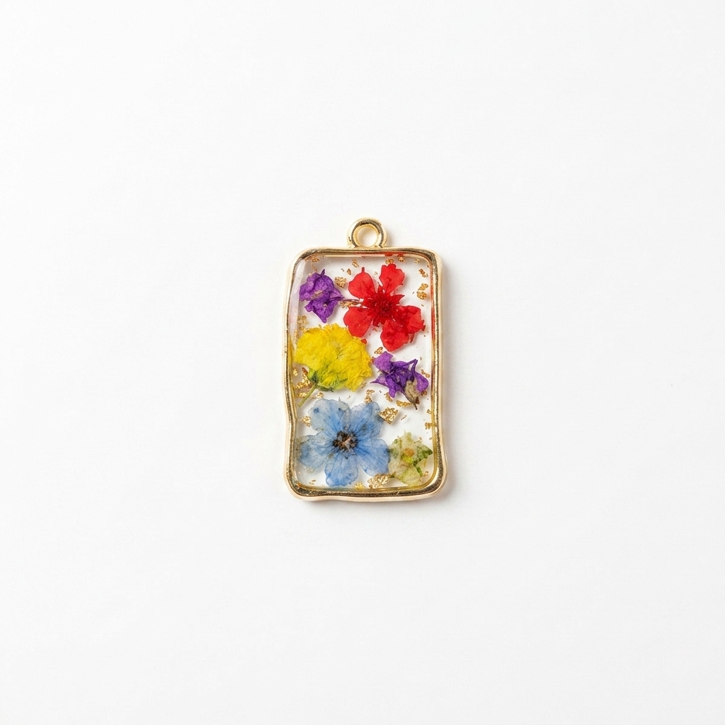 5pc, Rectangle Gold Rim Real Dried Flower Resin Jewelry Pendant Charm
