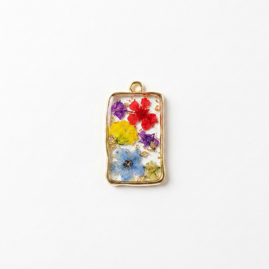 5pc, Rectangle Gold Rim Real Dried Flower Resin Jewelry Pendant Charm