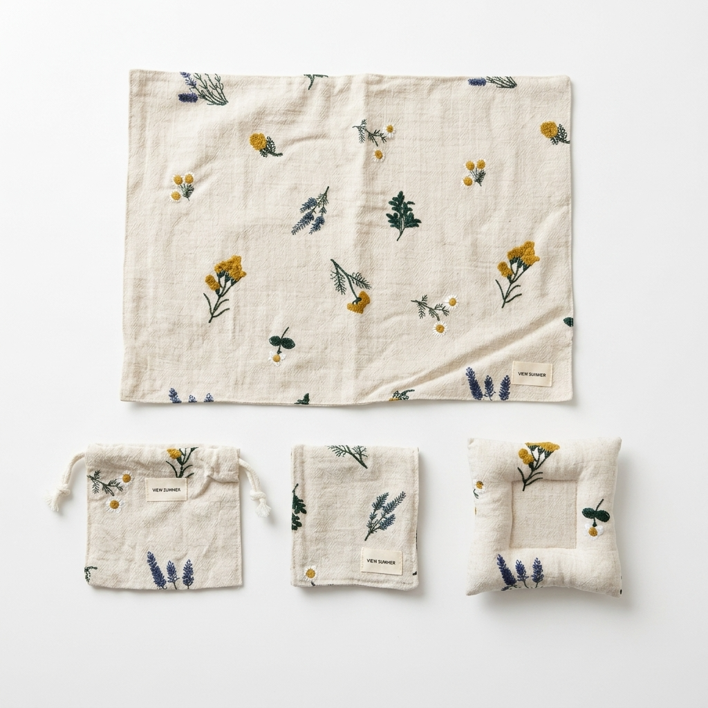 Botanical Flower Embroidered Cotton Placemats Coasters Pouch