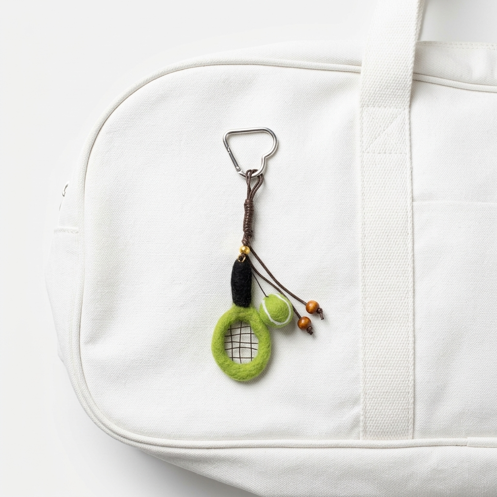 2pc, Green Tennis Ball Racket Wool Felt Bag Charm Key Chain