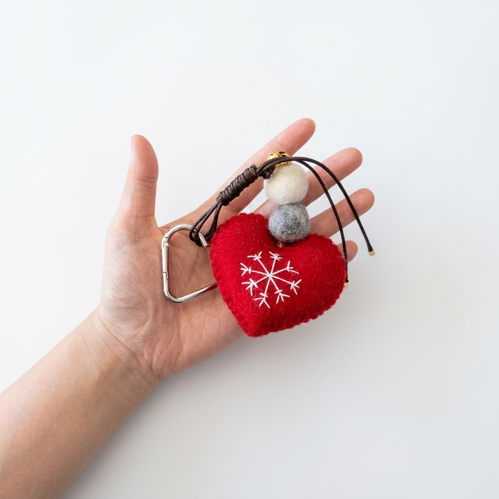 Red Heart Snow Flake Stitch Wool Felt Bag Charm Key Chain