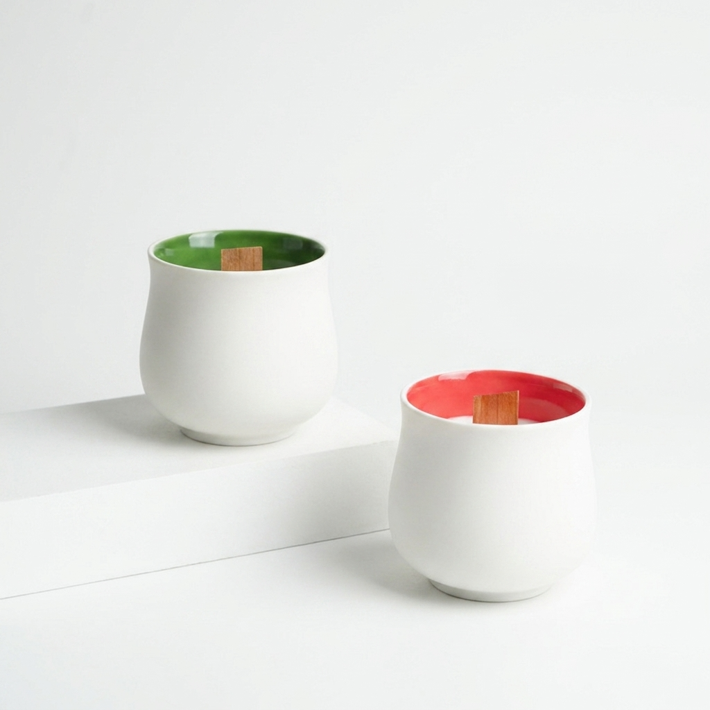2pc, White with Colored Interior Ceramic Candle Vessel Jar