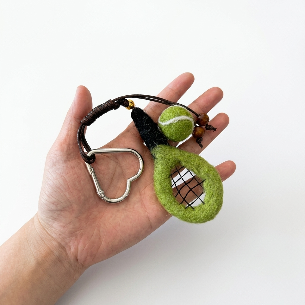 Green Tennis Ball Racket Wool Felt Bag Charm Key Chain