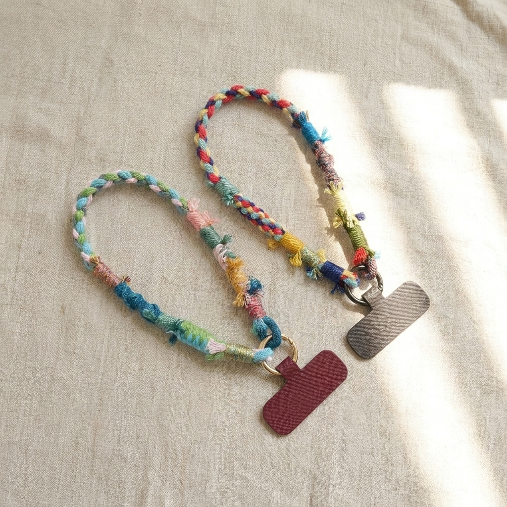 2pc, 2 colors Handmade Colorful Braided Woven Cotton Fabric Phone Chain Strap