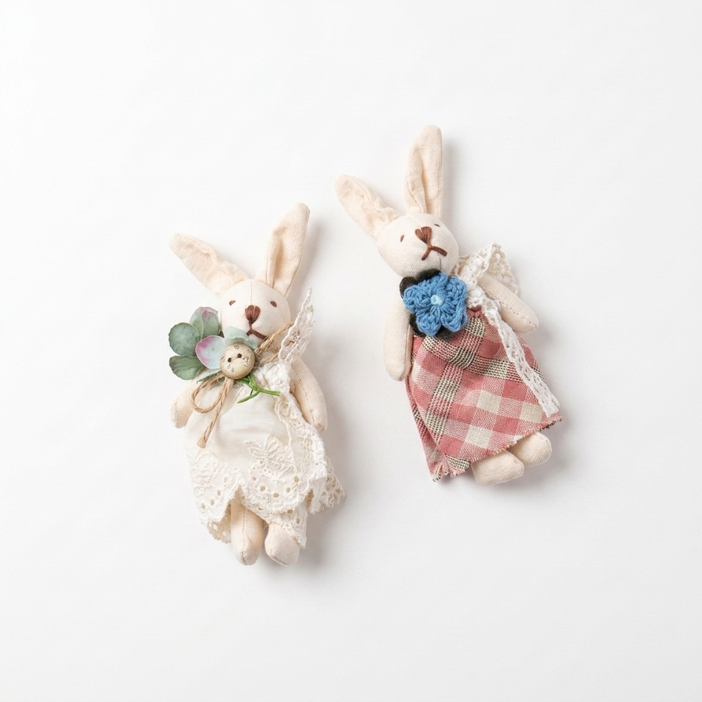 5pc, Flower Dress Sewn Bunny Fabric Ornament Charm Component