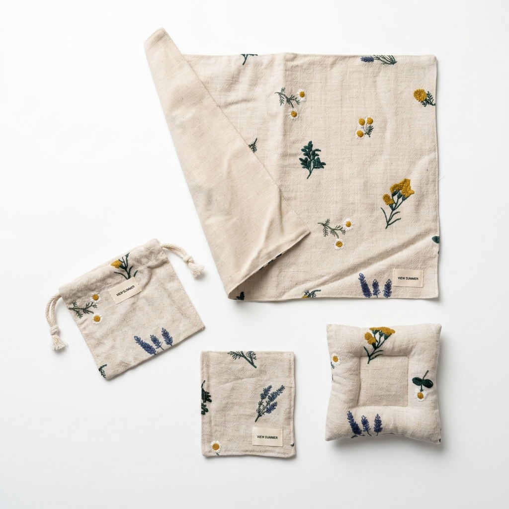 Botanical Flower Embroidered Cotton Placemats Coasters Pouch