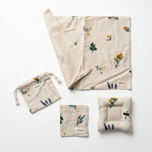 Botanical Flower Embroidered Cotton Placemats Coasters Pouch