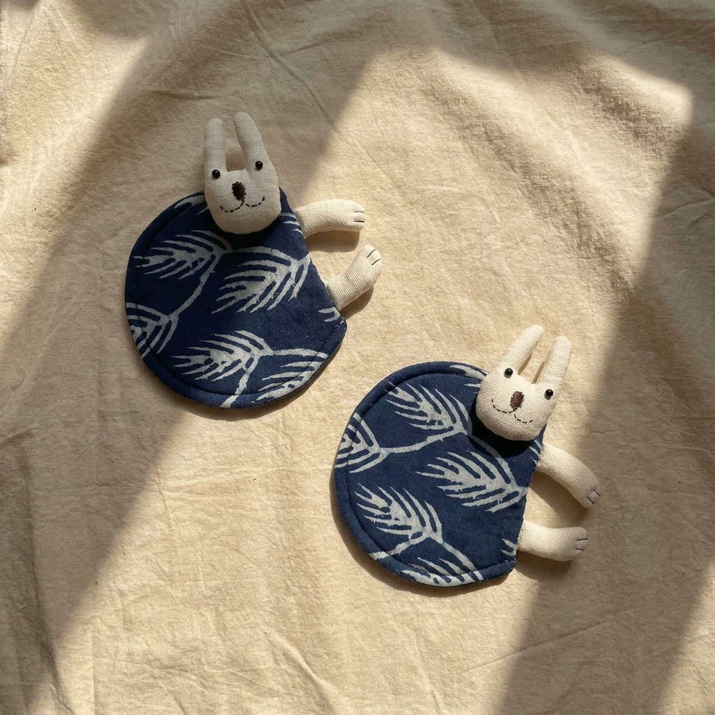 2pc, Leaf Pattern Bunny Cotton Padded Coaster Mat