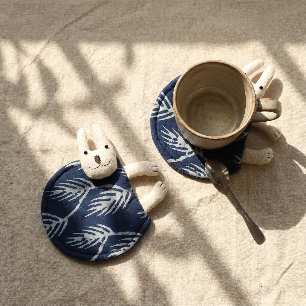 2pc, Leaf Pattern Bunny Cotton Padded Coaster Mat