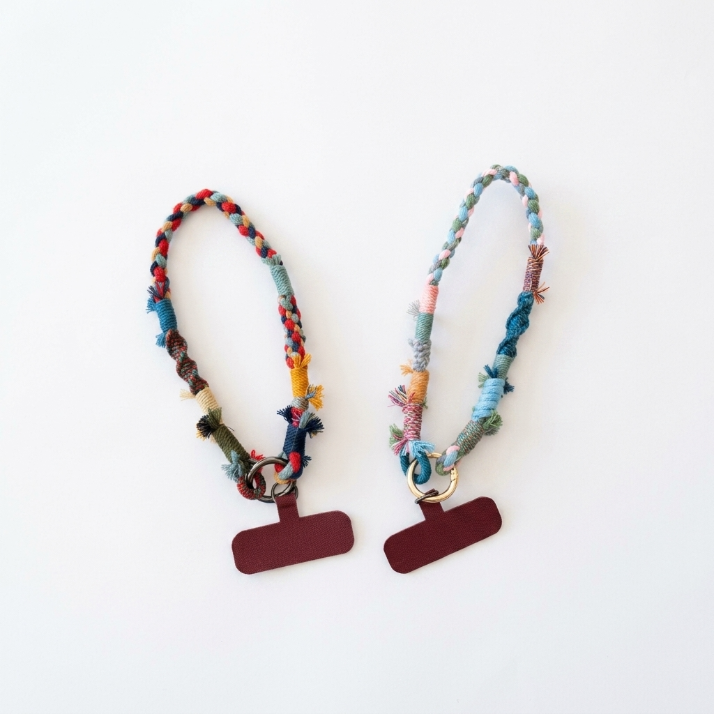 2 colors Handmade Colorful Braided Woven Cotton Fabric Phone Chain Strap