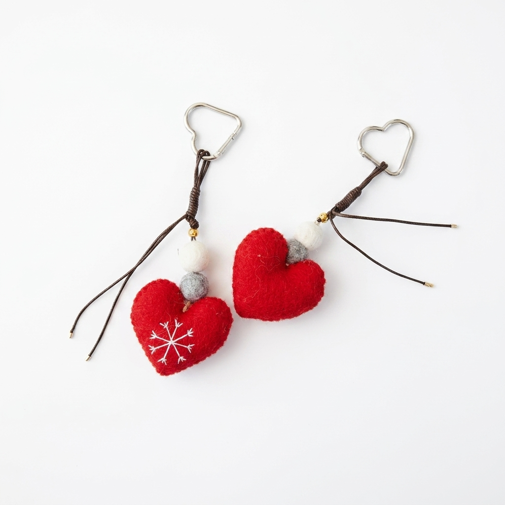 2pc, Red Heart Snow Flake Stitch Wool Felt Bag Charm Key Chain