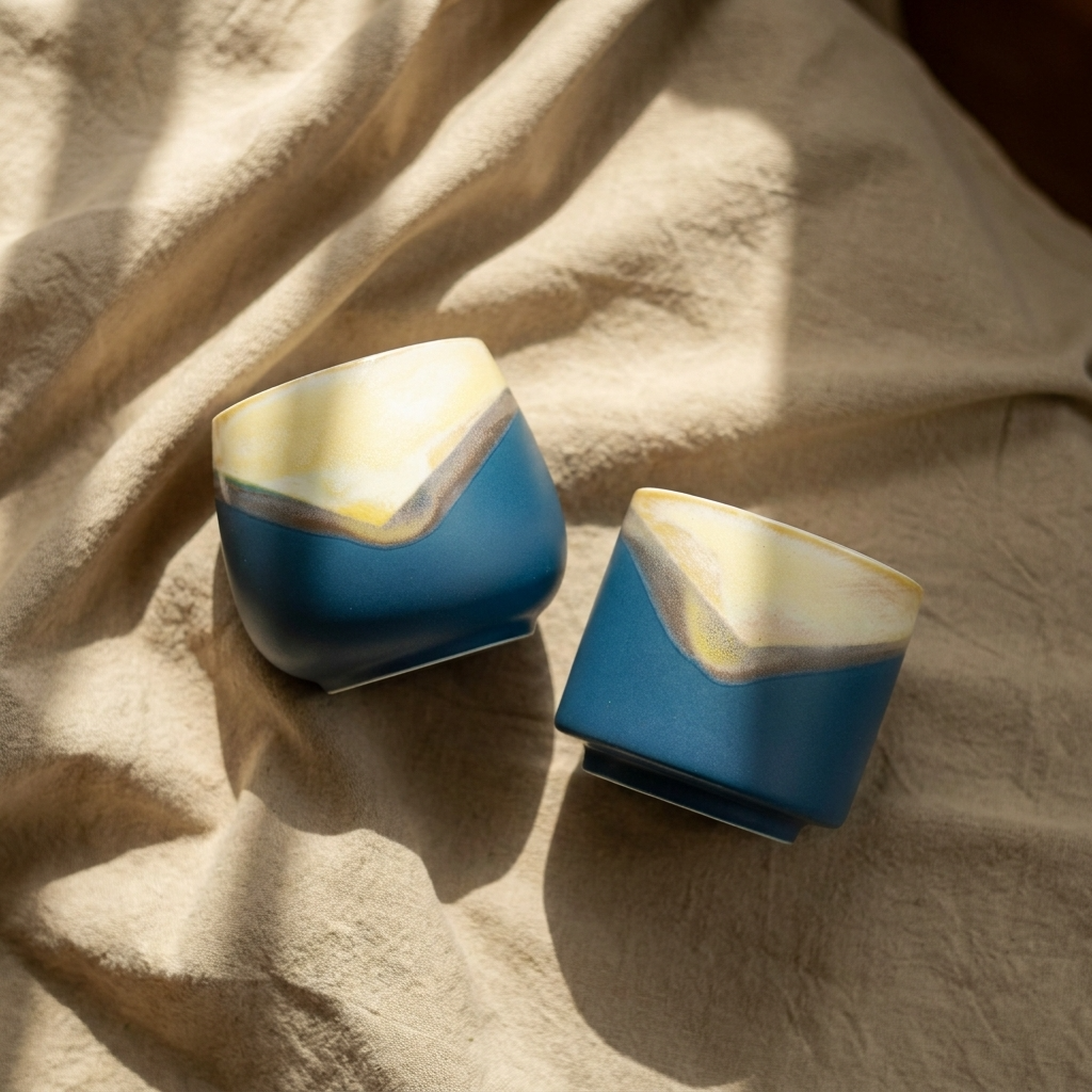 3pc, Ocean Teal Dipped Yellow Glaze Matte Ceramic Candle Vessel Jar
