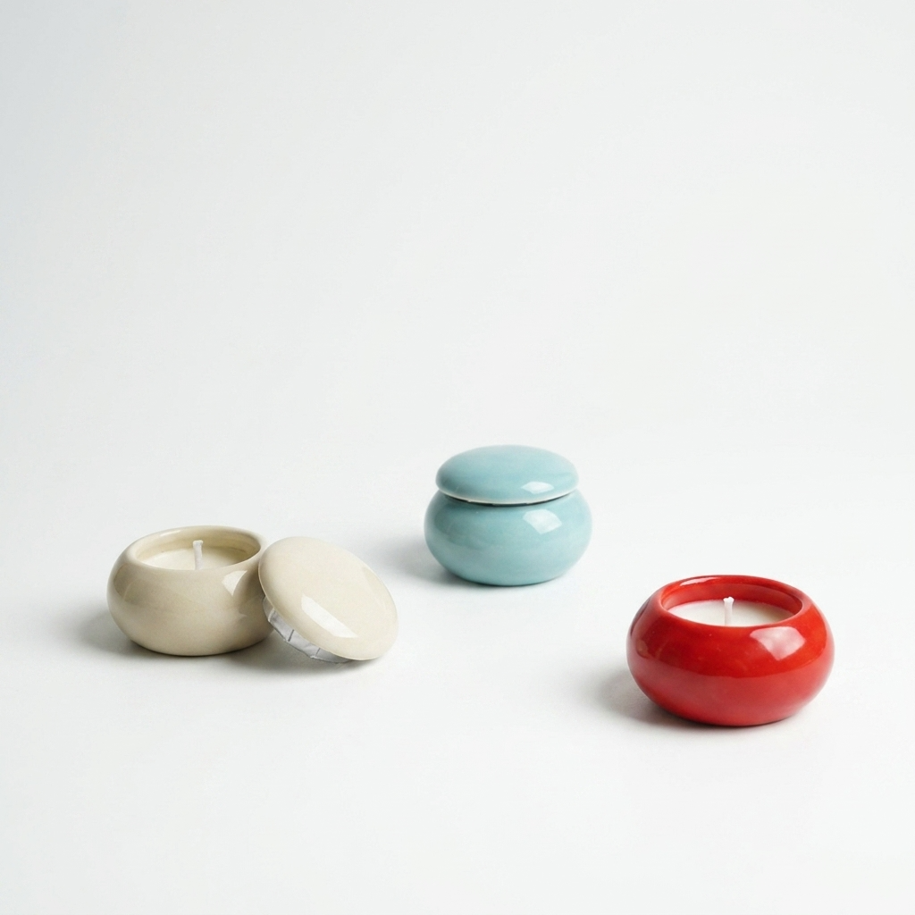 5pc, 3 Colors Micro Glossy Ceramic Round Candle Vessel with Lid