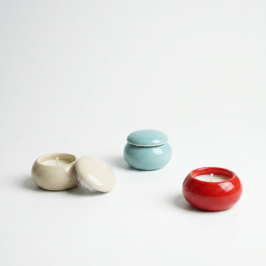 5pc, 3 Colors Micro Glossy Ceramic Round Candle Vessel with Lid