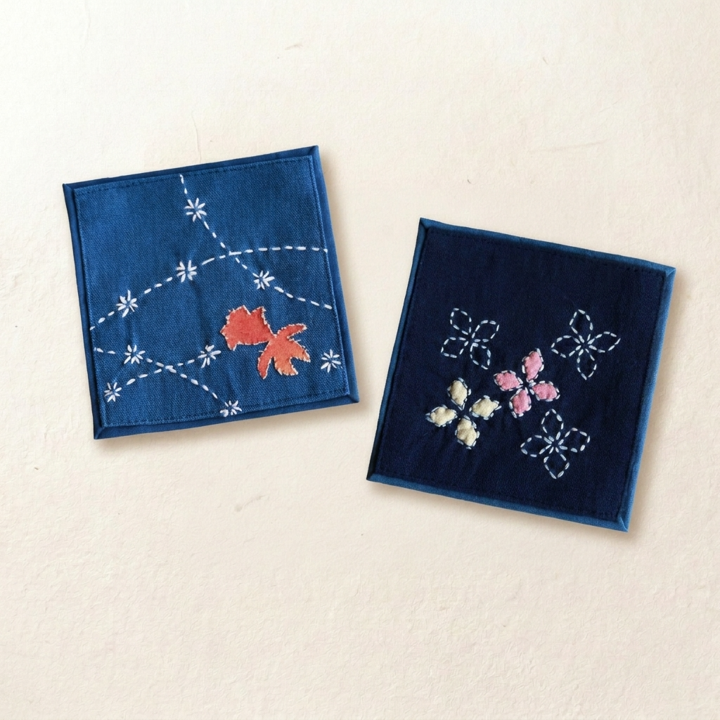 2pc, Square Hand Embroidered Cotton Fabric Coaster Mat