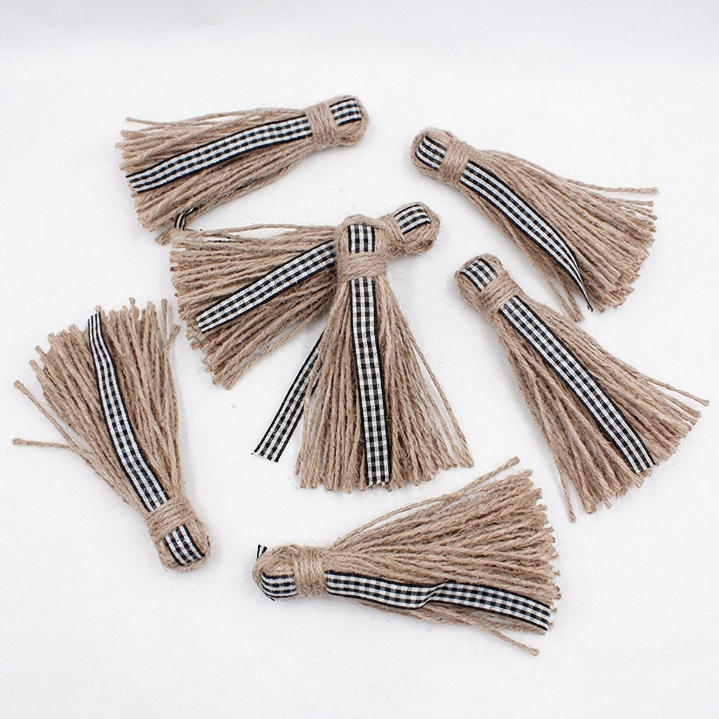 Handmade Rustic Jute Fiber Tassel Ornament w/ Ribbon Handmade