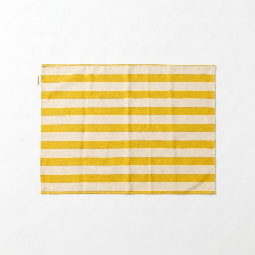 2pc, Citron Yellow and Cream Beige Striped Placemat & Coaster