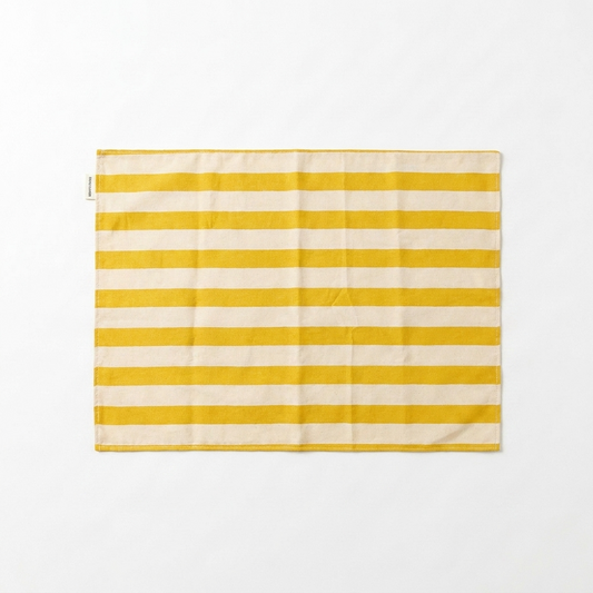2pc, Citron Yellow and Cream Beige Striped Placemat & Coaster