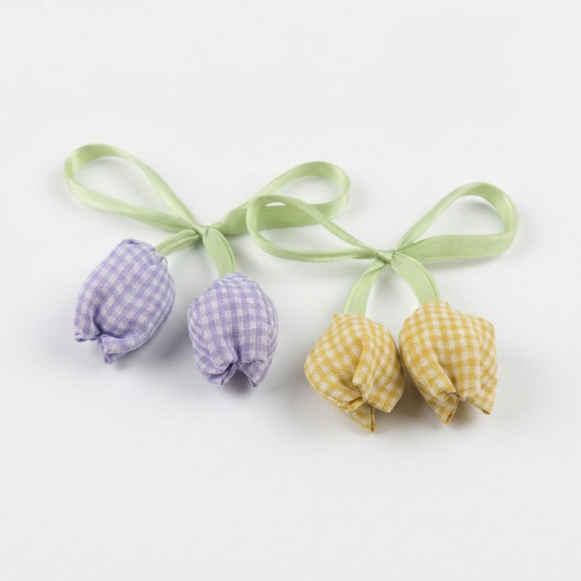 Pastel Checkered Fabric Tulip Flower Ribbon Ornament Embellishment