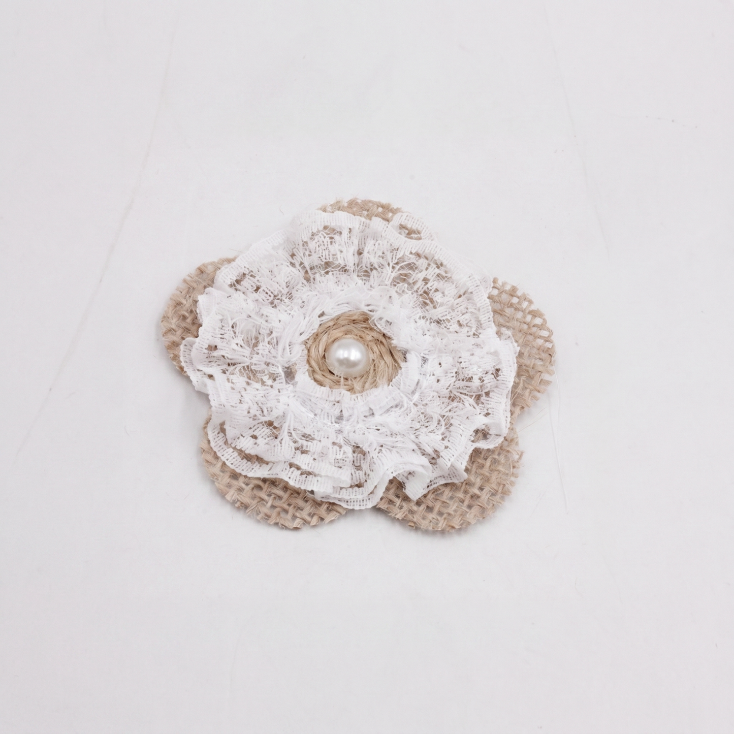 5pc, Handmade Rustic Burlap Lace Flower Embellishment with Pearl Cente