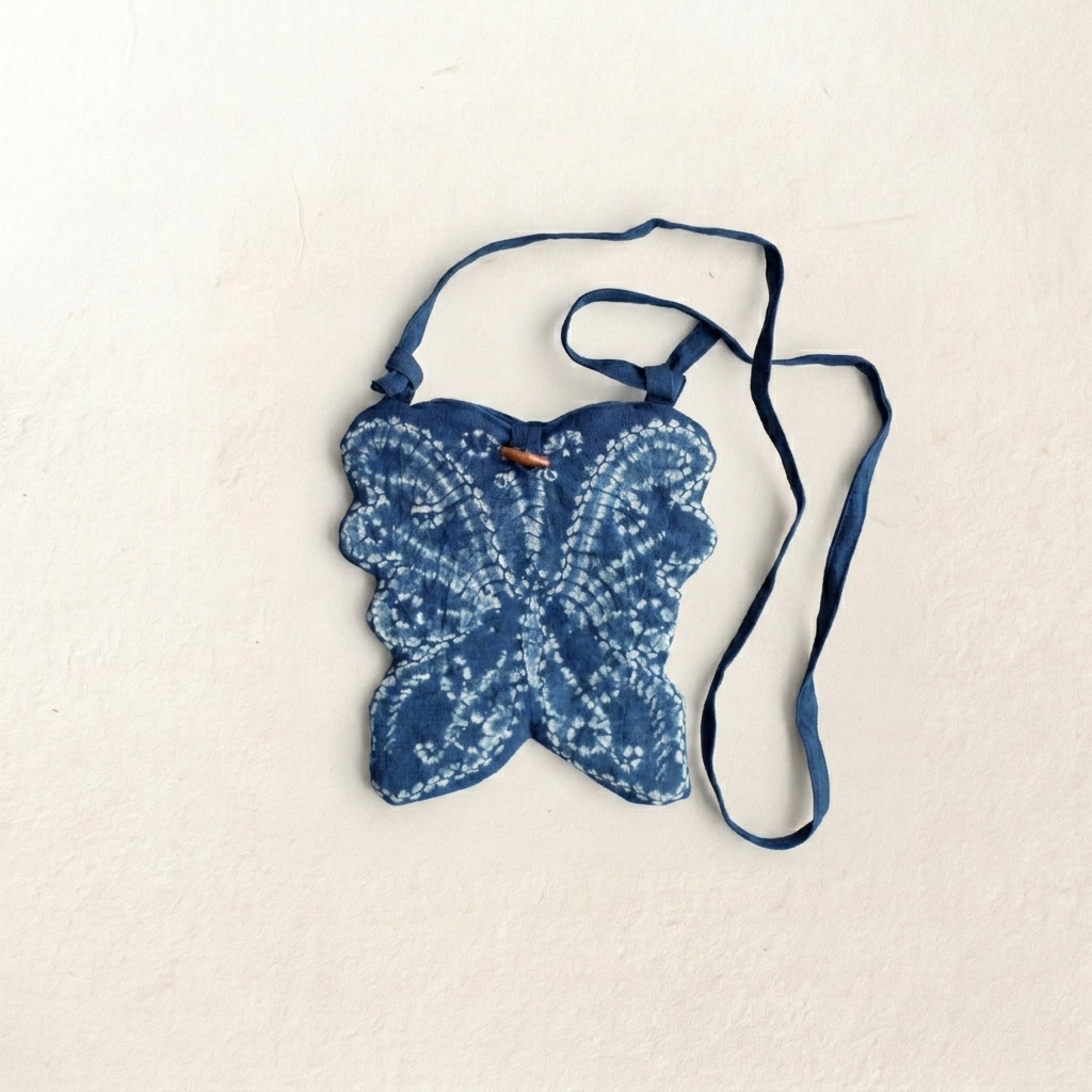 1pc, Indigo Blue Quilted Cotton Fabric Butterfly Crossbody Pouch Bag