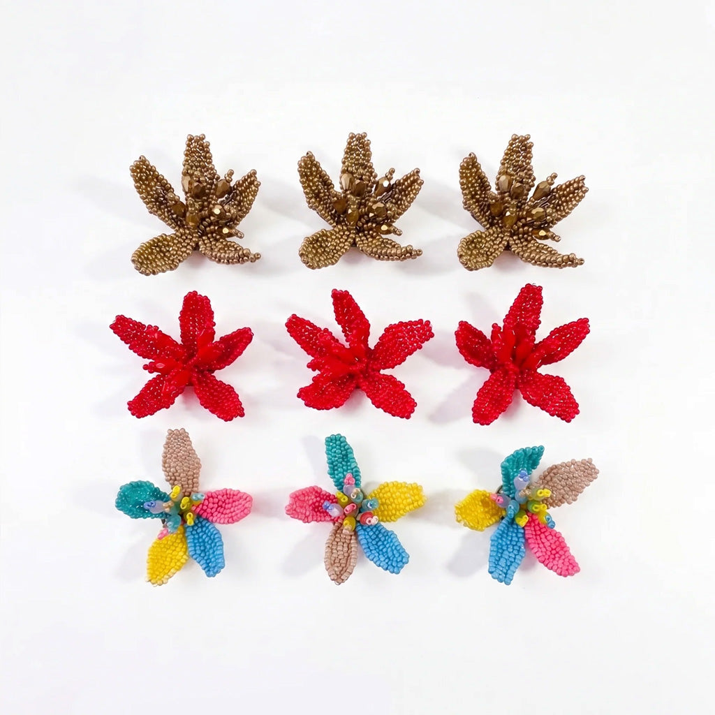 5pc, Handmade Bronze Blooming Flower Beaded Charm Ornament