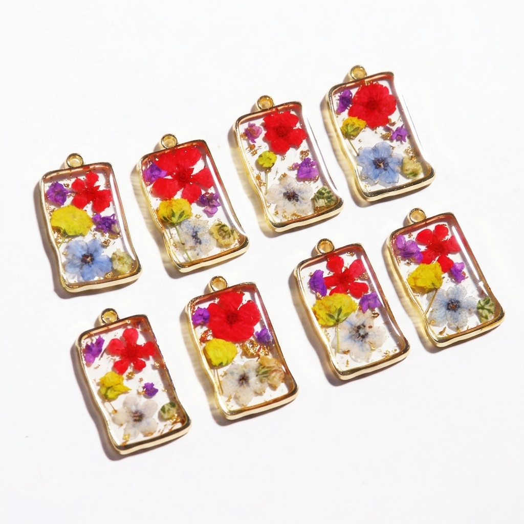 5pc, Rectangle Gold Rim Real Dried Flower Resin Jewelry Pendant Charm