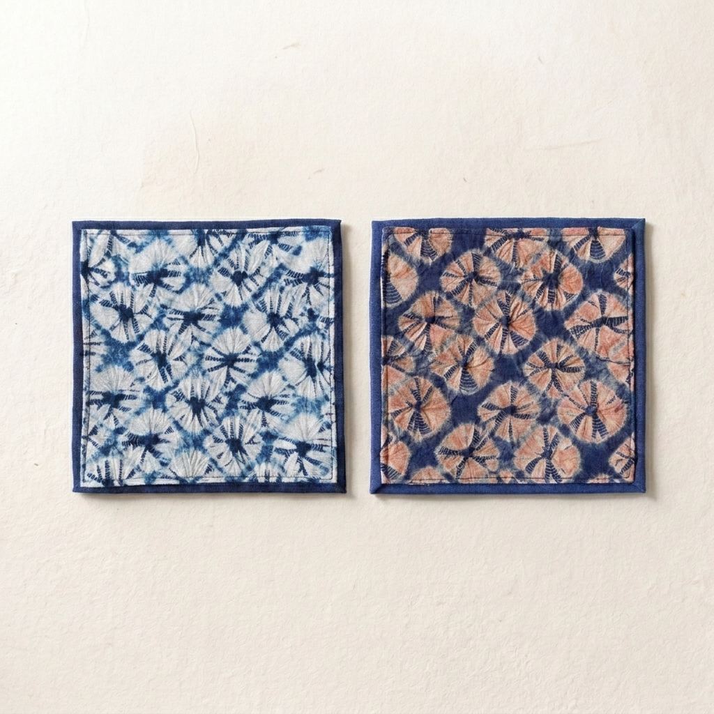 2pc, Red Blue Shibori Tie-Dye Floral Cotton Fabric Table Coaster Mat
