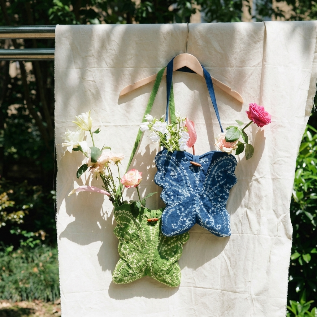 1pc, Indigo Blue Quilted Cotton Fabric Butterfly Crossbody Pouch Bag