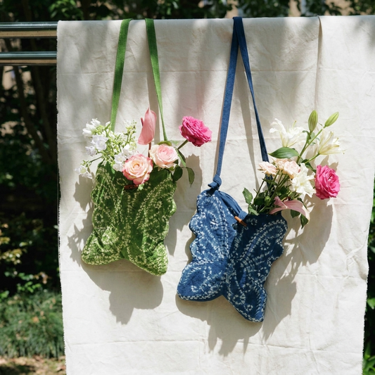 Indigo Blue Quilted Cotton Fabric Butterfly Crossbody Pouch Bag