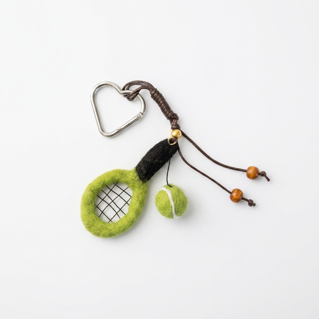 2pc, Green Tennis Ball Racket Wool Felt Bag Charm Key Chain