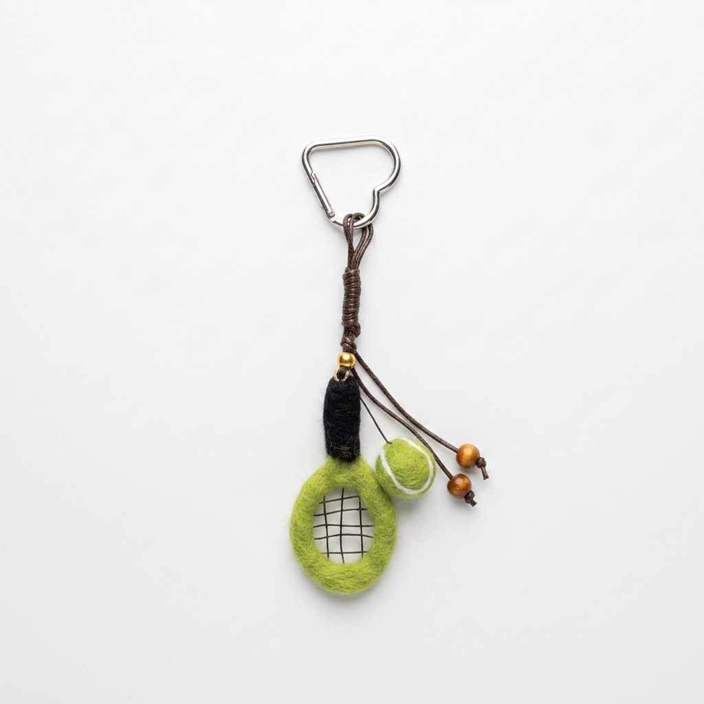 2pc, Green Tennis Ball Racket Wool Felt Bag Charm Key Chain