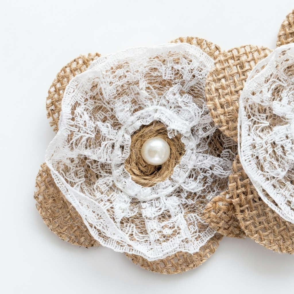 Rustic Burlap Lace Flower Embellishment Component w/ Pearl Center